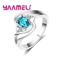 round wavy shaped 925 sterling silver with aqua blue crystal jewelry ring beach sea resort memorial for bride