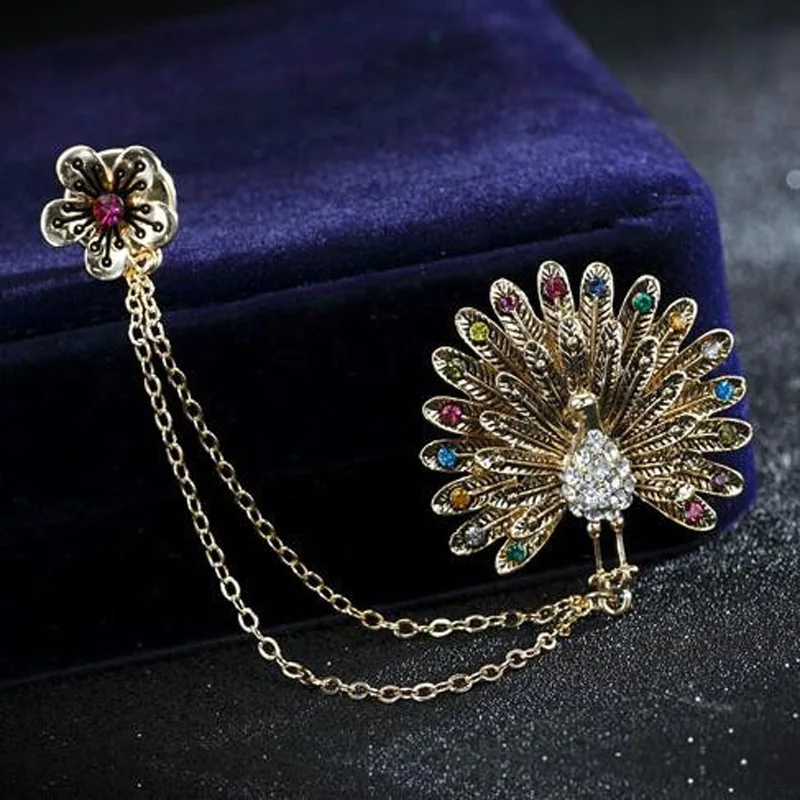 Ретро Стразы Цветок гордый Павлин Двойная Цепочка для женщин ярлык