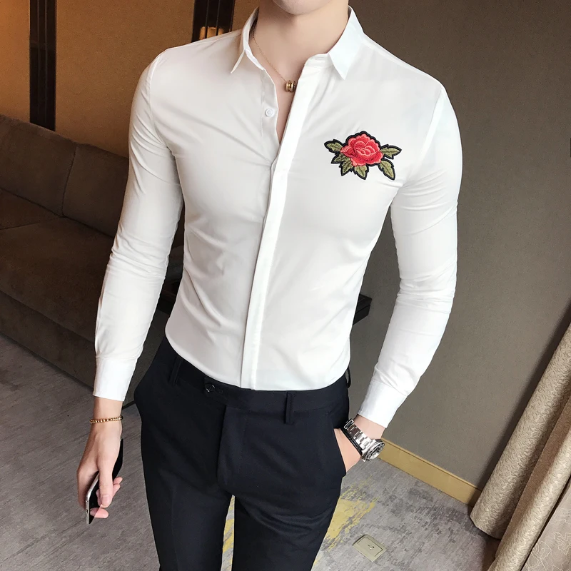 

Classic Solid Color Mens Embroidered Shirts White Slim Comfortable Men Business Hotel Banquet Casual Shirt