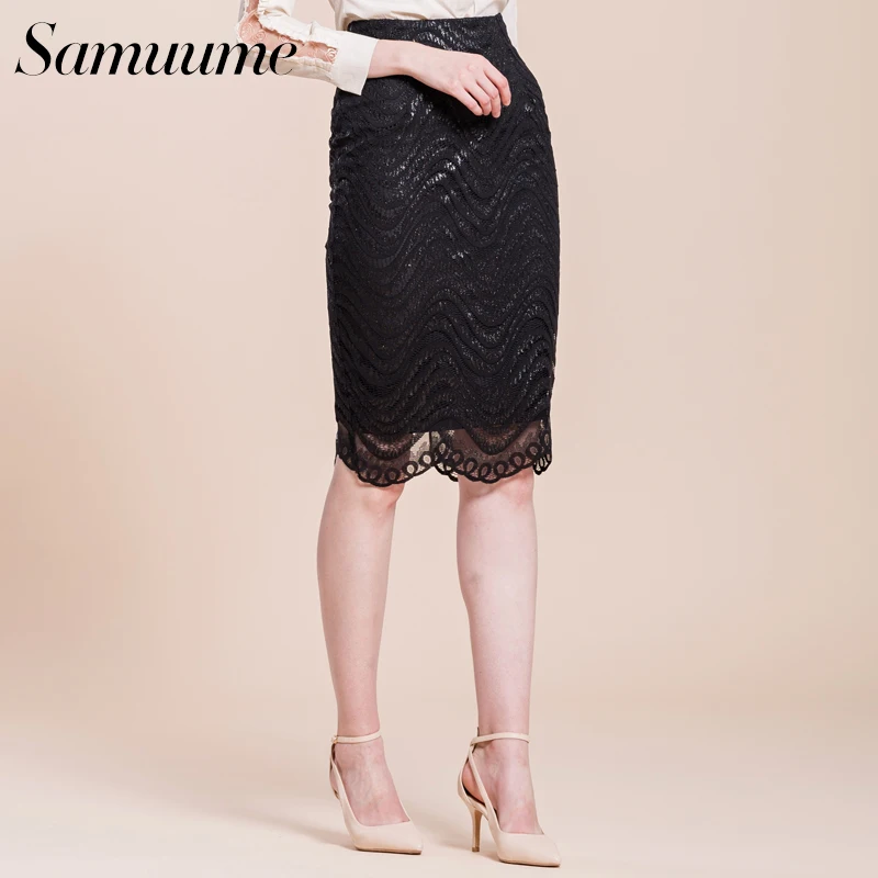 Samuume Высокая Талия Работа Bodycon юбка карандаш женские элегантные волна кружевные