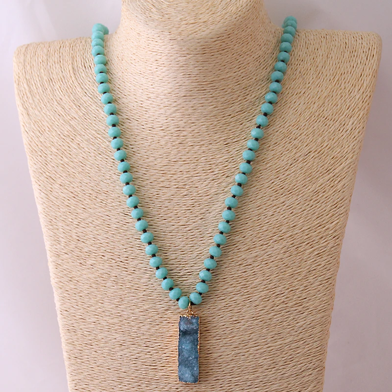 Fashion Bohemian Tribal Jewelry 8mm Crystal Glass Knotted With Blue Druzy Pendant Necklaces For Women Ethnic Necklace | Украшения и