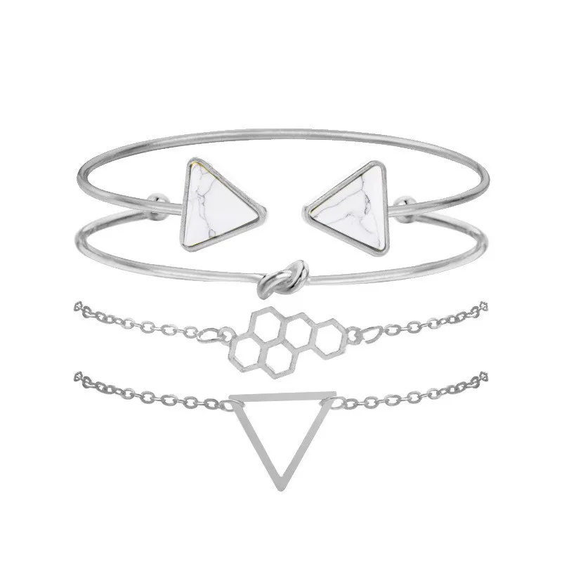 New 4pcs Infinite White Stone Bangle Women Triangle Honeycomb Pendant Link Chains Twist Open Cuff Bracelets/Bangles Set Female | Украшения