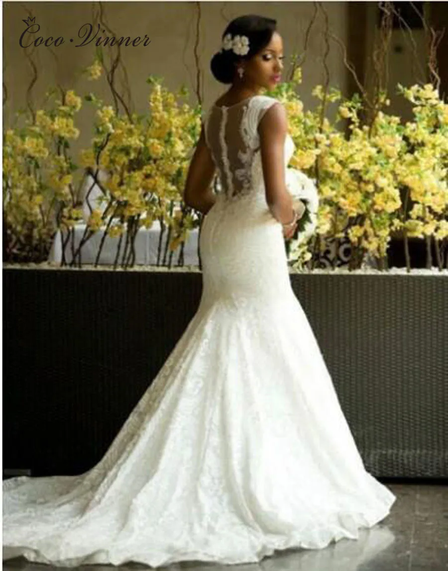 

Marriage Mermaid Wedding Dresses Sheer neck Illusion Back Vintage Lace Wedding Dress Plus size White Court Train W0406