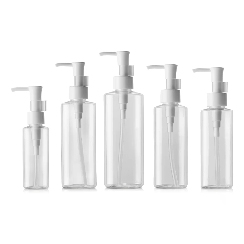 

BEAUTY MISSION 24 pcs/lot 50ml 100ml 120ml 150ml 200ml Clear PET pump bottle Cleansing Oil flat bottles, plastic lotion bottles