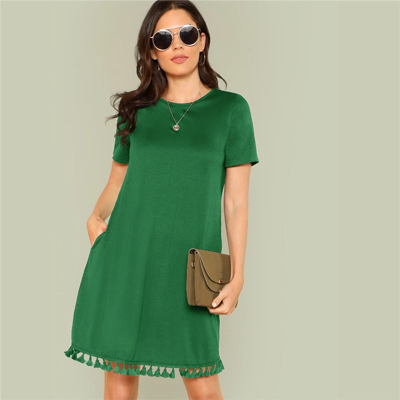 SHEIN женское летнее платье с бахромой и боковыми карманами,, цельное платье-туника с коротким рукавом