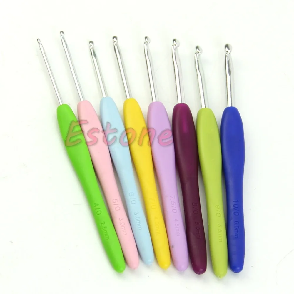 

8 Size Multicolor Soft plastic Handle Aluminum Crochet Hooks Knitting Needle