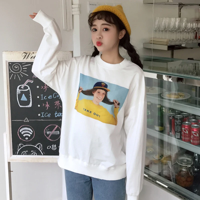 Для женщин печати oversize свитшот женские корейские с круглым вырезом свитер