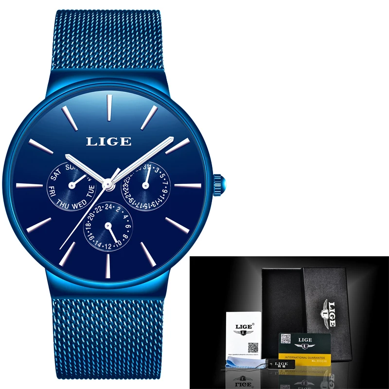 

Relojes New LIGE Blue Watch For Mens Watches Top Brand Luxury Clock Man Casual Ultra-Thin Mesh Belt Waterproof Quartz Wristwatch