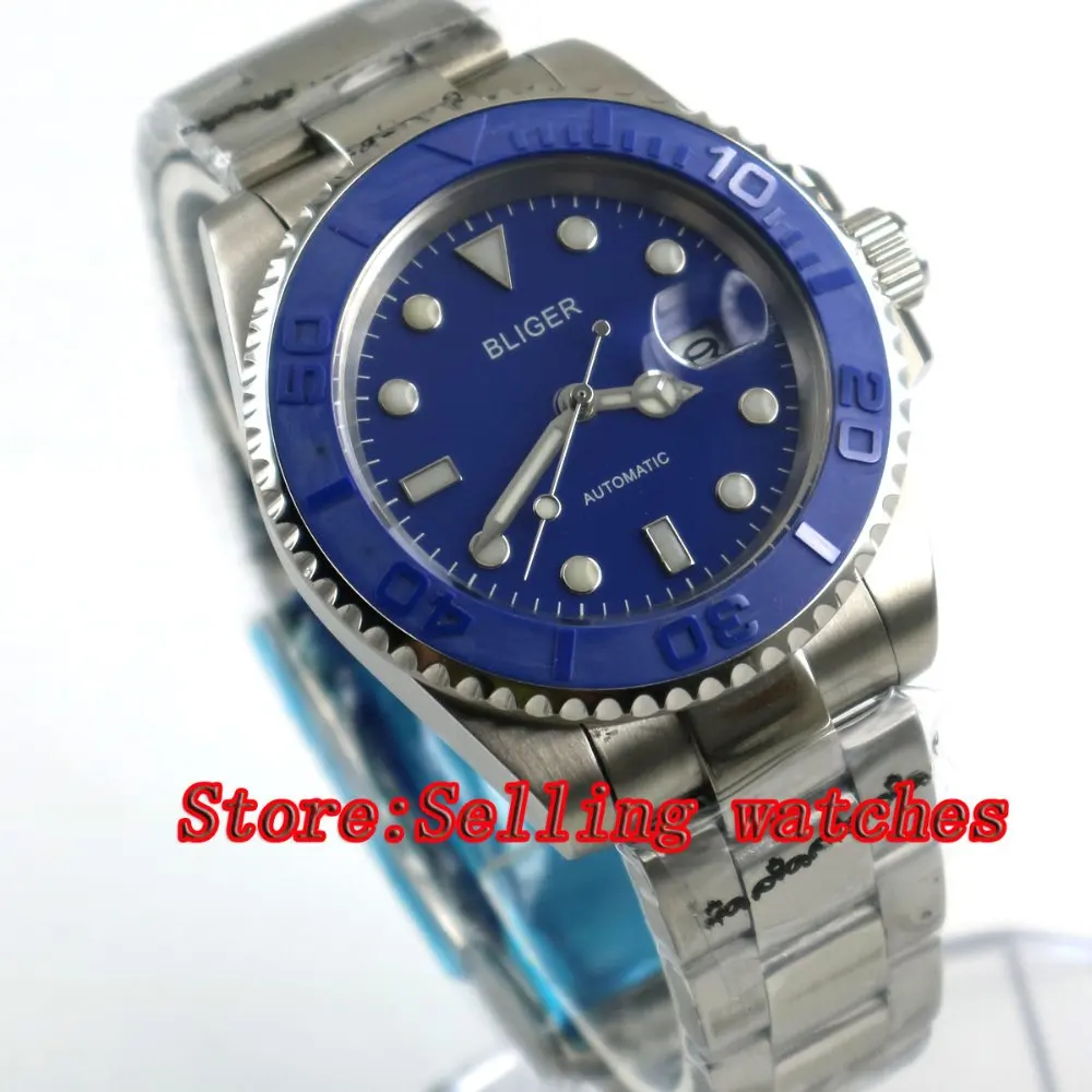 

40mm Bliger blue Dial Sapphire Glass Stainless Steel Date ceramic bezel Luminous Men's Automatic Mechanical Watch