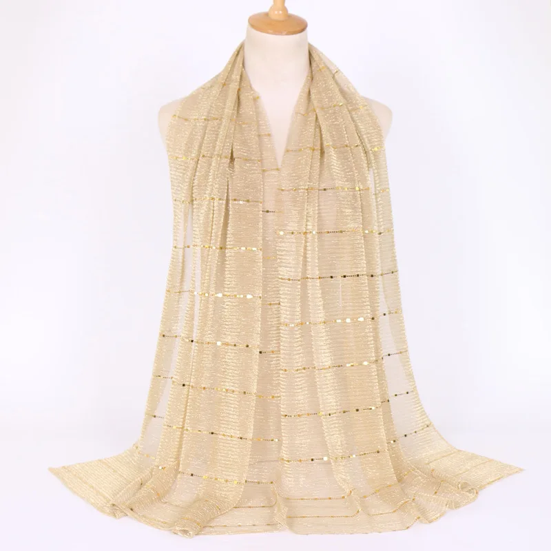 ZFQHJJ 10pcs/lot Women Sparking Shiny Sequin Gold Silk Yarn Muslim Hijab Scarf Shawls Head Scarfs Wraps Party Wedding Hijabs - Цвет: 16 beige