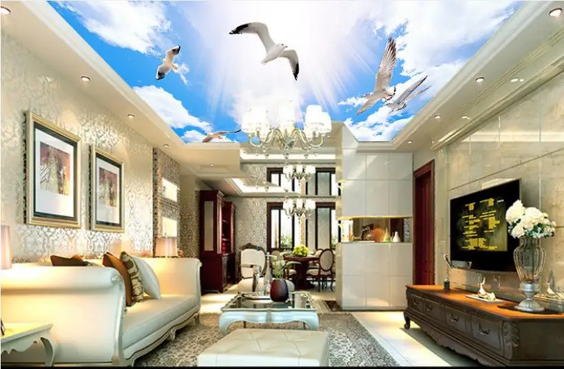 3d потолок голубое небо и белые облака обои фото Гостиная Спальня|cloud wallpaper|photo