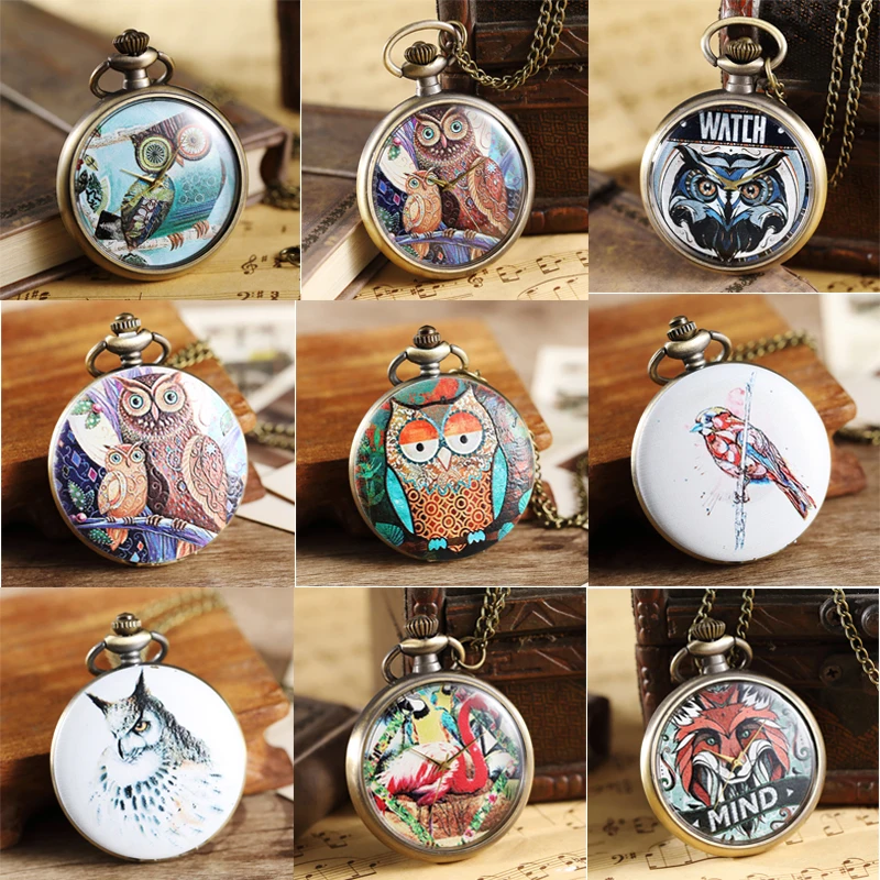 

Retro Owl Pocket Watch with Chain Necklace Pendant Mens Flip Open Case Fob Watches Dresses Gifts Hour Clock for Men Women Ladies