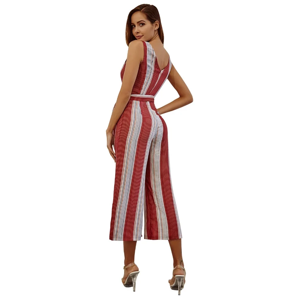 Women's Sexy Red Striped Sling Jumpsuits V neck Casual Playsuits Summer Lady Party Sleeveless Backless Beach Club Lacing Bow | Женская