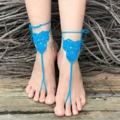 1 Pairs Trendy Handmade Crochet Barefoot Sandals Beach Yoga Anklet Jewelry Geometric Pattern Bridal Wedding Anklet Accessories - Color: sky blue