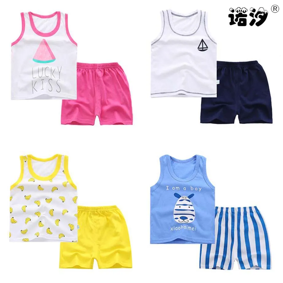 

Baby clothes boys Summer 100% cotton vest+Shorts Children sleeveless garment baby girls cartoon Outfit 0-4T infant tees+shorts