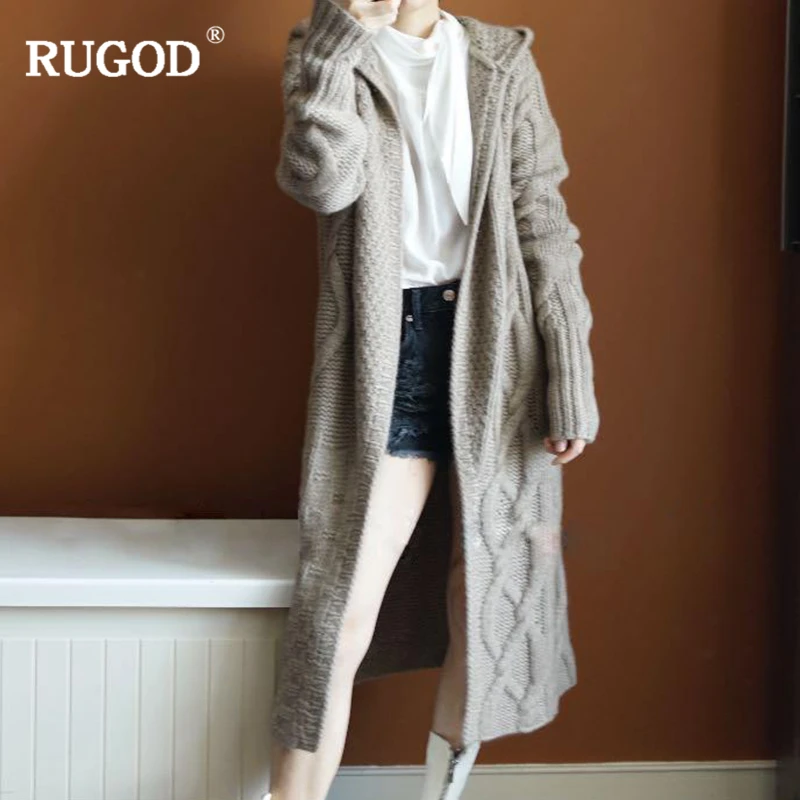 Женский длинный кардиган RUGOD повседневный однотонный вязаный свитер с капюшоном