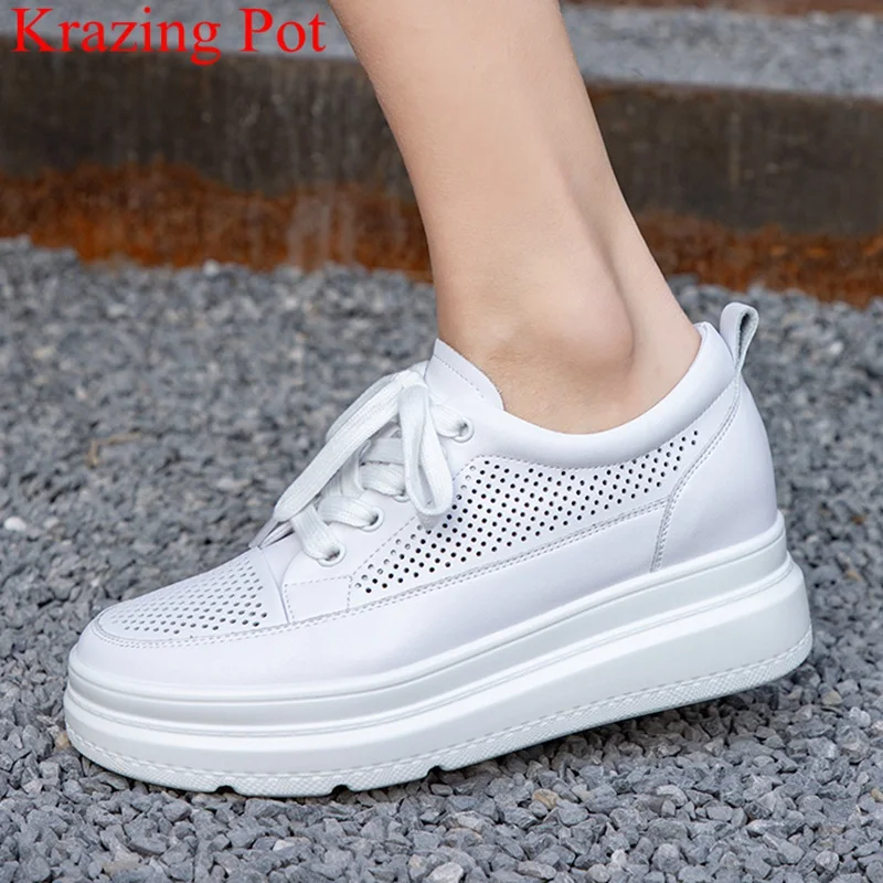 

superstar cow leather round toe lace up high heels women white sneakers concise casual elegant vacation vulcanized shoes L57