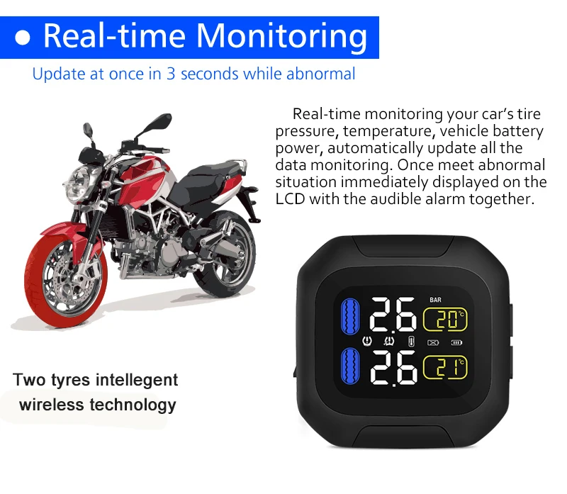 

Waterproof Motorcycle Tire Pressure Monitor Monitoring System TPMS Mobile Wireless LCD Display Internal or External TH/WI Sensor