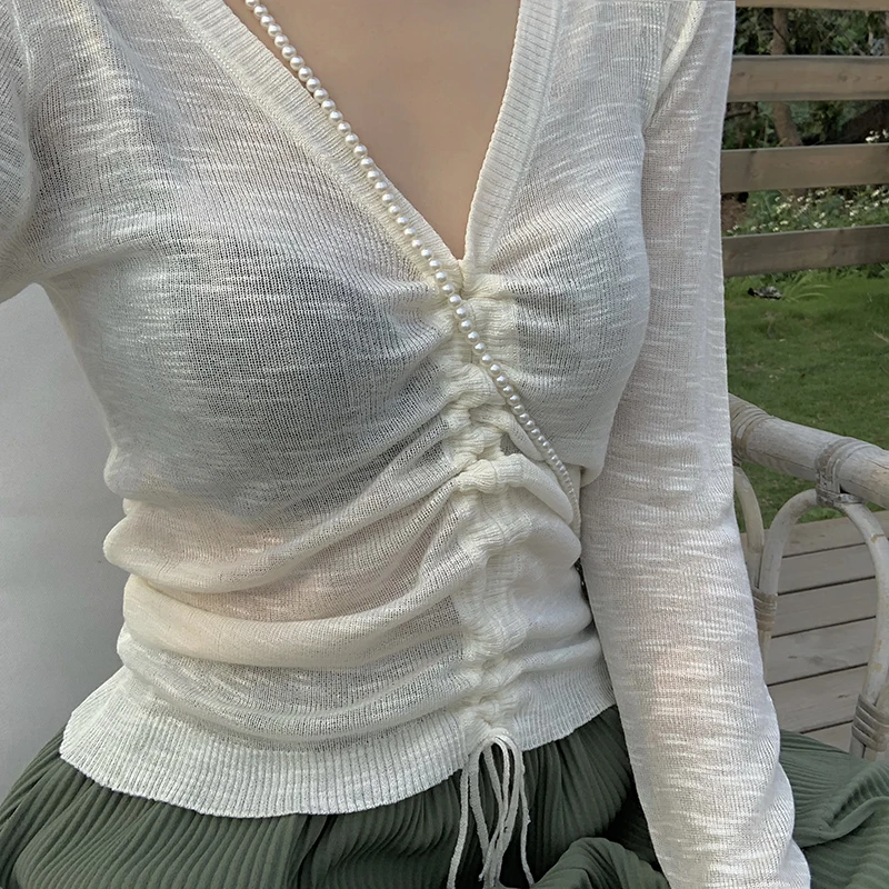 2019 summer korean style v neck thin sweater see through knitted long sleeve tops womens lace up tee shirt femme (R4484) | Женская