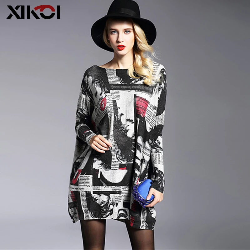 XIKOI Fashion Oversized Knitted Sweaters Women's Clothing Pullovers Jumpers Slash Neck Batwing Sleeve Long Print Sweater Shirts | Женская