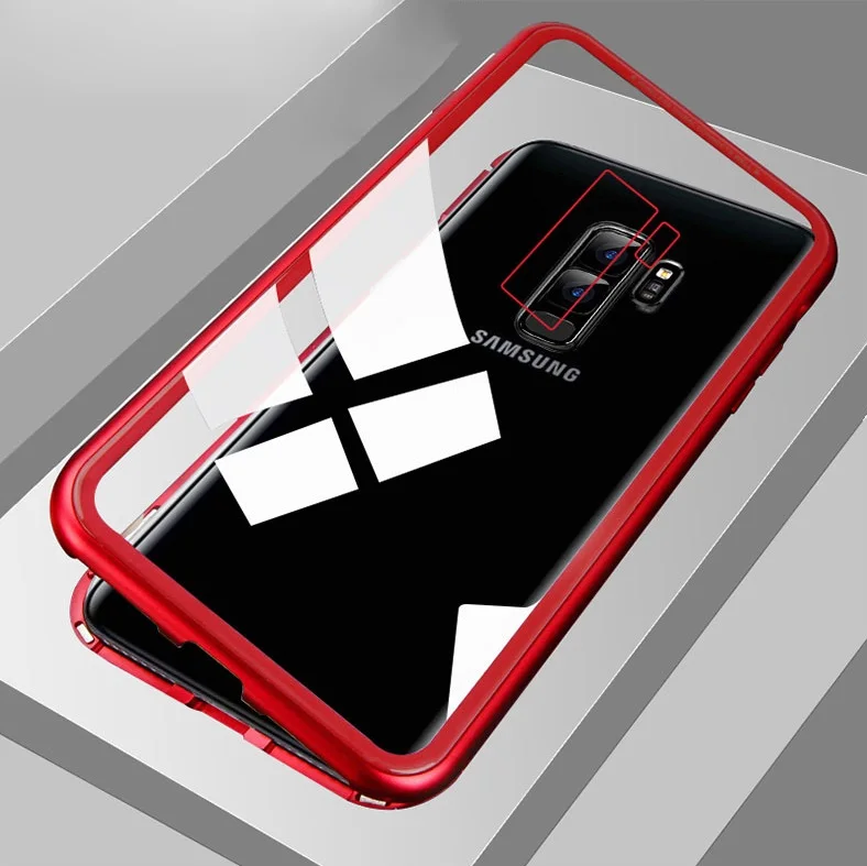 Red Чехол с магнитной адсорбцией для samsung Galaxy S8 Plus S9 Note 9 8, прозрачное закаленное стекло+ встроенный магнитный чехол, металлический чехол - Цвет: Red