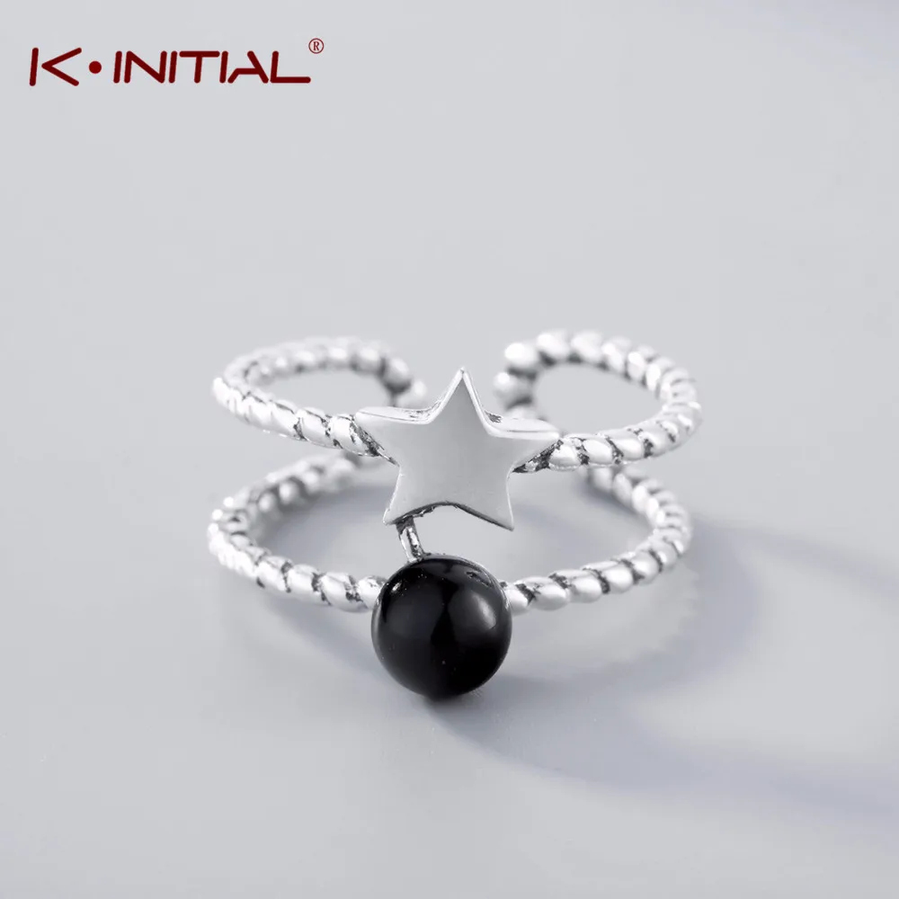 Kinitial Vintage Star Black Stone Rings For Women Adjustable Double Twisted Line Antique Silver Color Fashion Finger Jewelry | Украшения и