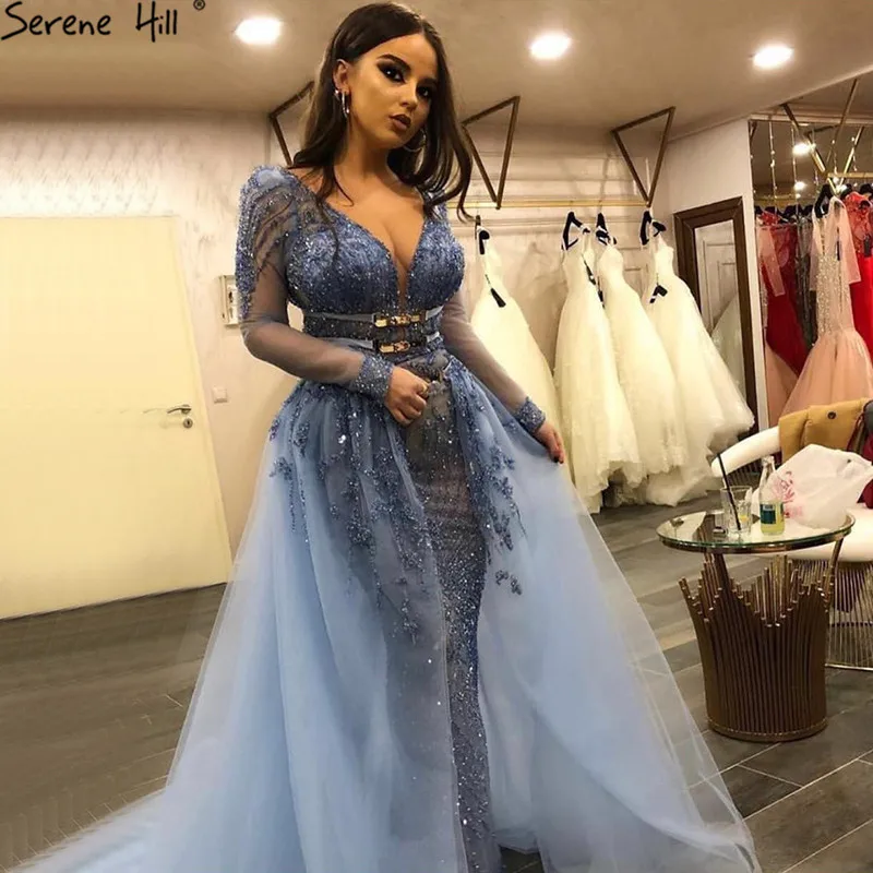 blue Blue Dubai Luxury Sequined Sparkle Evening Dresses Long Sleeve Beading Evening Gowns Serene Hill Plus Size LA60858 - Цвет: blue