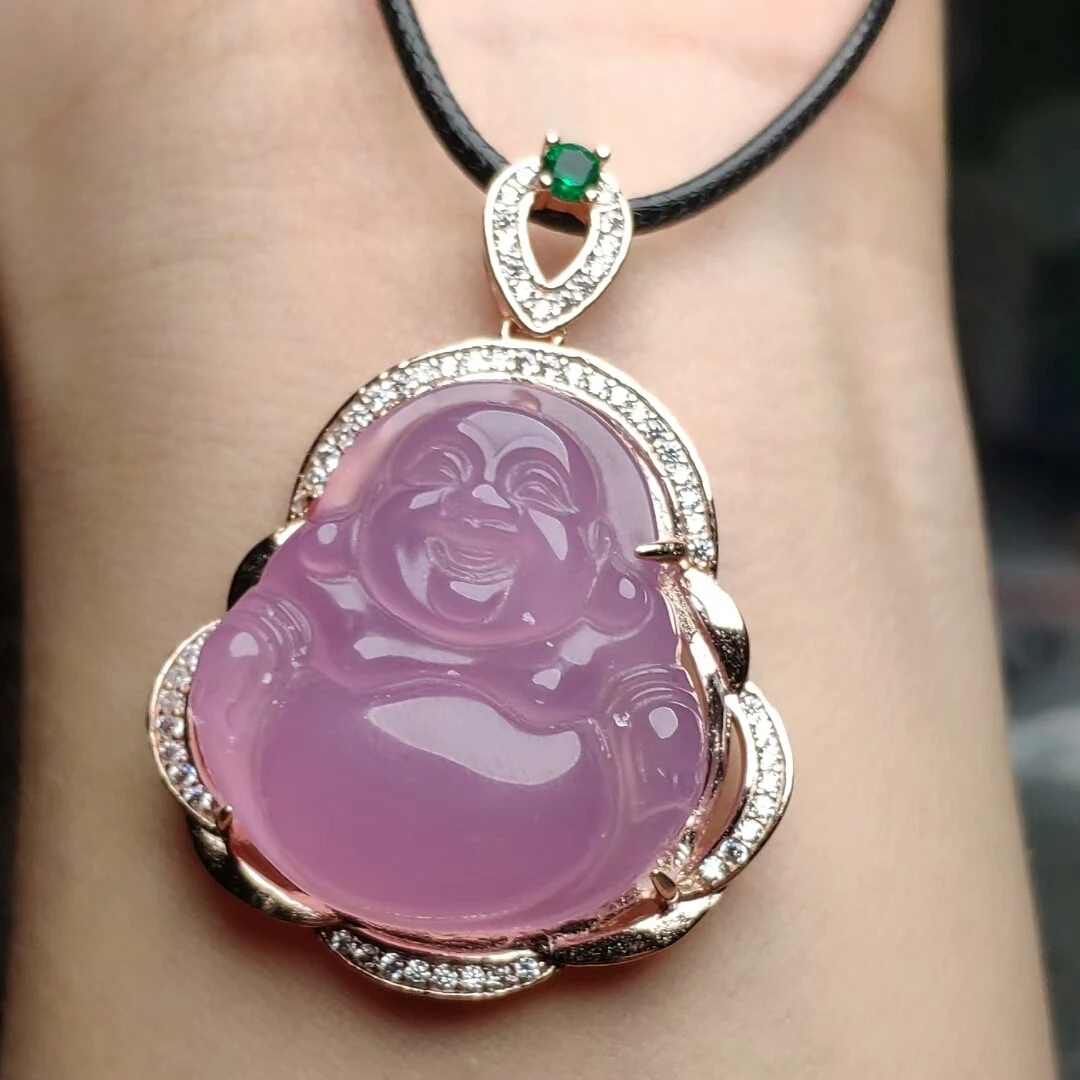 Koraba S925 Sterling Silver Natural Pink Jade Chalcedony Buddha Pendant Leather Rope Gemstone Necklace Women Luxury Jewelry