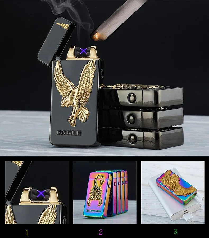 Креативные зажигалки двойные дуги зажигалки металлические USB перезаряжаемые беспламенные электрические дуги Windpro прикуривателя для сигар 10 цветов