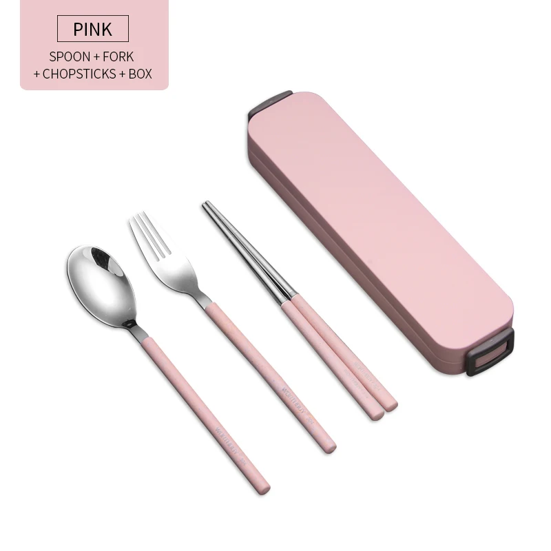 Pink 4 Set Портативный набор посуды для путешествий 304, набор посуды из нержавеющей стали с ручкой из пшеничной соломы, набор кухонных столовых приборов - Цвет: Pink 4 Set
