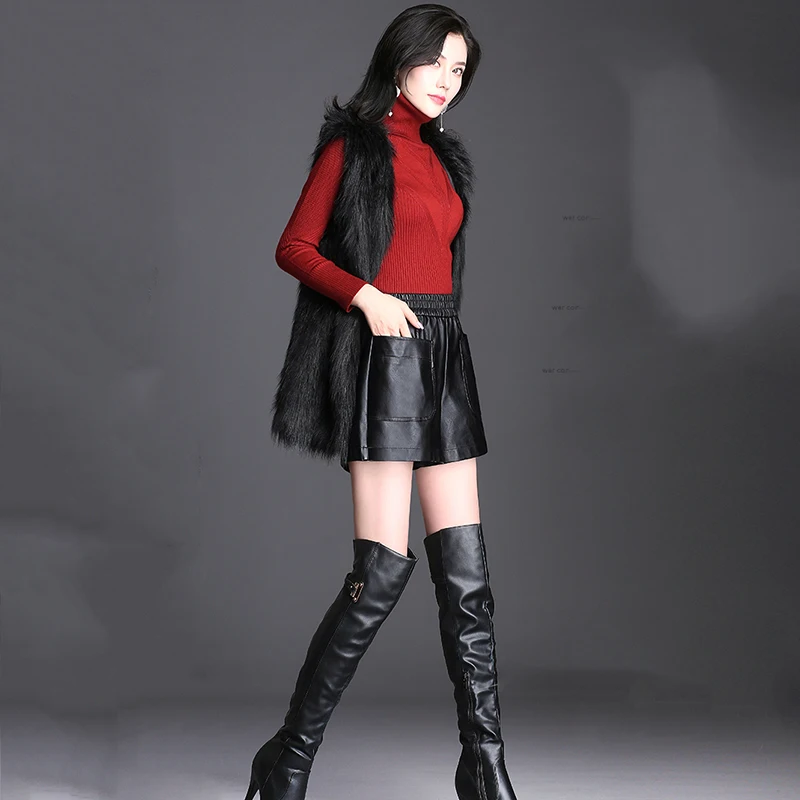 Новинка 2018 женские шорты из искусственной кожи высокого качества черные