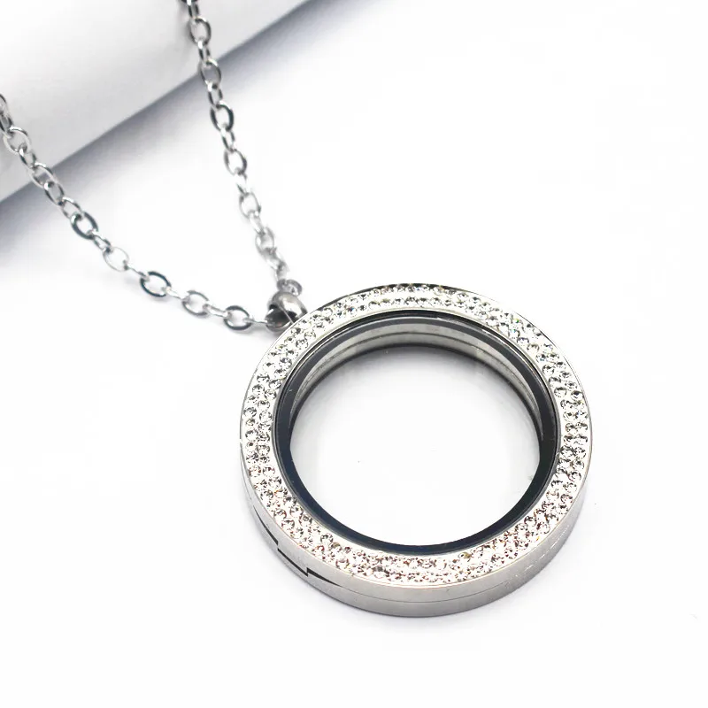 34mm Free Stainless Steel Chain Magnet Blue Crystal Floating Lockets Necklace Silver Big Glass Locket Pendant Jewelry | Украшения и