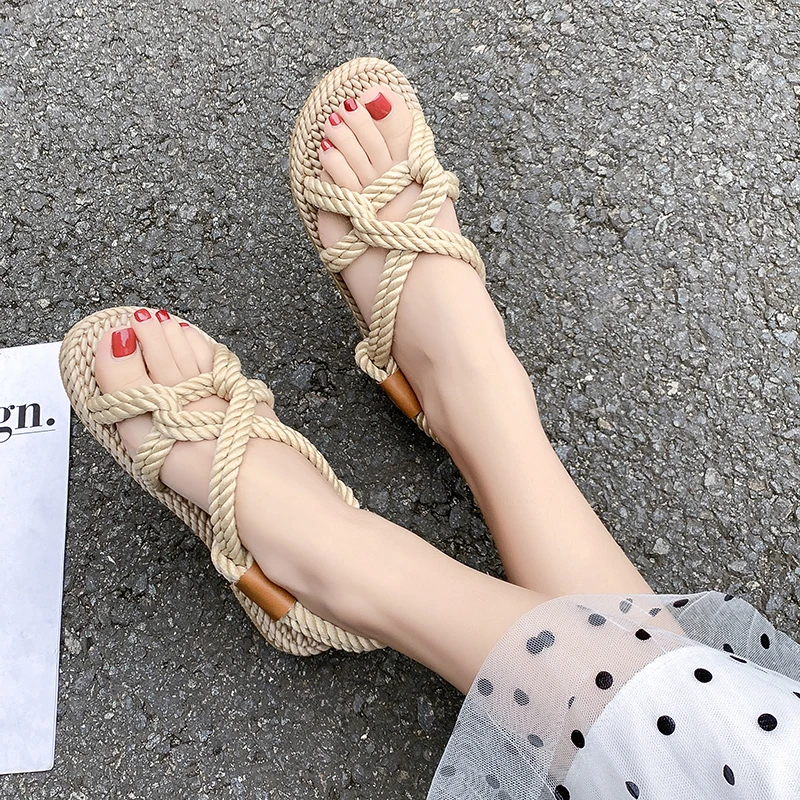 Женские сандалии из пеньки удобные пляжные гладиаторы в винтажном стиле ретро