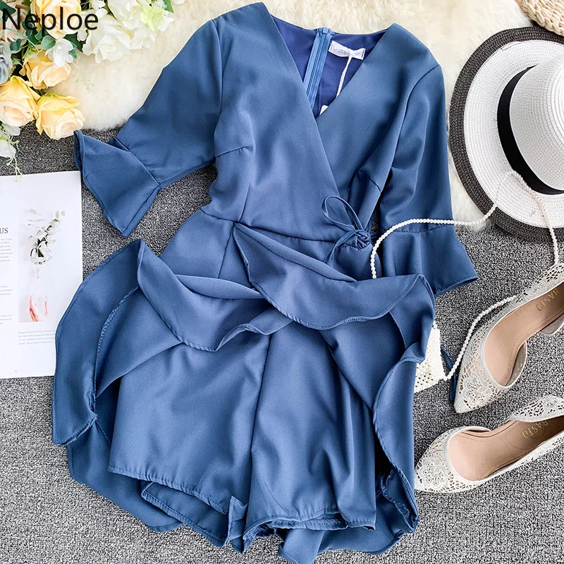 Nepole Ruffles Women Jumpsuit Casual V-Neck Short Sleeve Playsuit 2020 Summer Vacation Fake Two Piece Shorts 43079 | Женская одежда