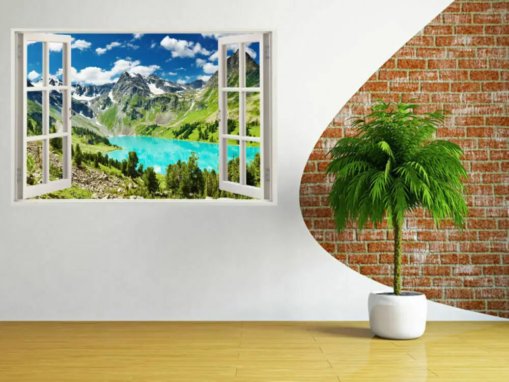 3D полный Цвет природа горы озеро пейзаж норковые искусственная оконной рамы окна