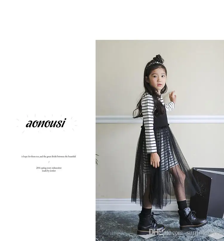 Большие Девочки платье Осень детей принцессы набор дети полосы с длинным рукавом