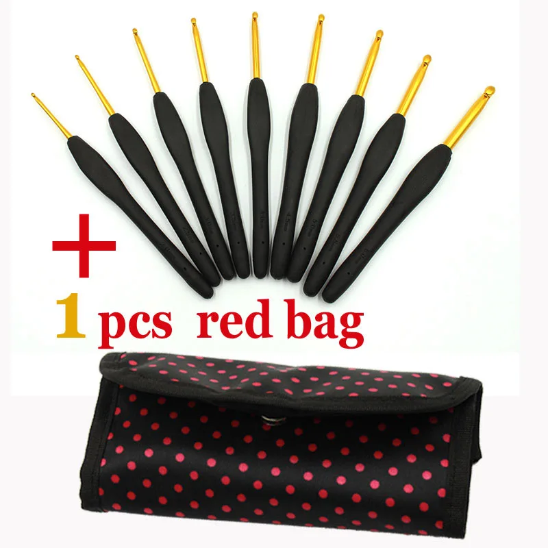 crochet hook red bag Высокое качество 9 шт./компл. TPR Силиконовый мягкий на ощупь, Алюминий вязанные крючком DIY Вязание свитер игольчатый стены дома ремесел инструменты с посылка - Цвет: crochet hook red bag