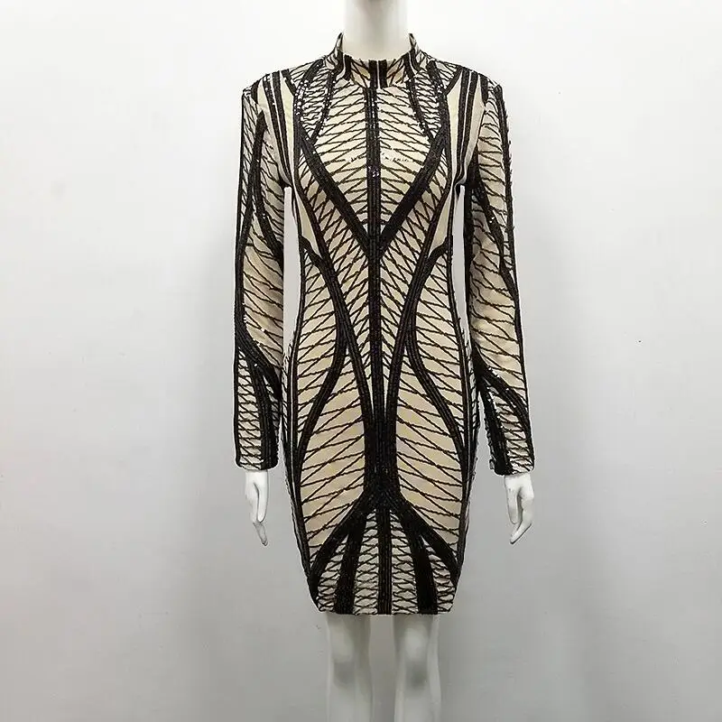 Женское платье с блестками Черное мини длинным рукавом и геометрическим узором