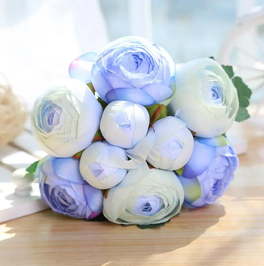 9pcs sky blue 1 букет искусственных роз, декоративные шелковые цветы, свадебные букеты для свадьбы, вечерние украшения для дома, свадебные принадлежности 1 - Цвет: 9pcs sky blue