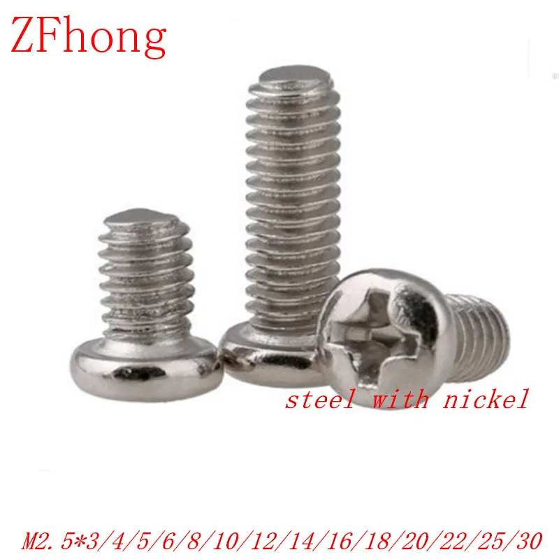 

1000pcs M2.5 steel with nickel phillips round pan head machine screw length 3mm to 30mm