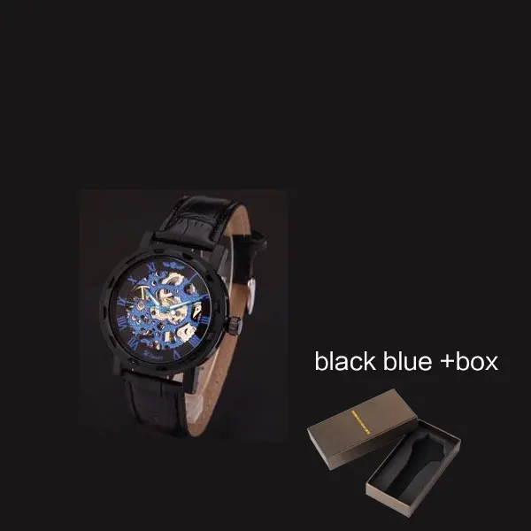 black blue box Новинка, Лидер продаж, механические Брендовые мужские часы-Скелетон с ручным заводом, Мужские модельные модные часы, стильные часы черного, золотого, синего цвета, кожаный ремешок - Цвет: black blue box