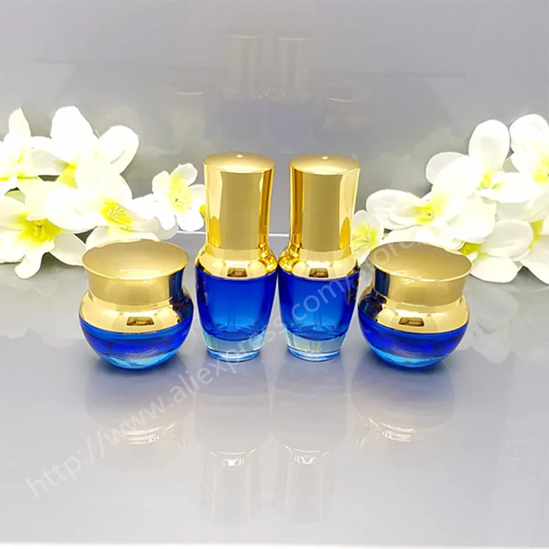 

Wholesale High-grade Cosmetics Jar With Gold Lid, Empty Creams Bottle Glass Bottle,Travel Bottle, 20 g,30 g,50 g Blue Glass Jar