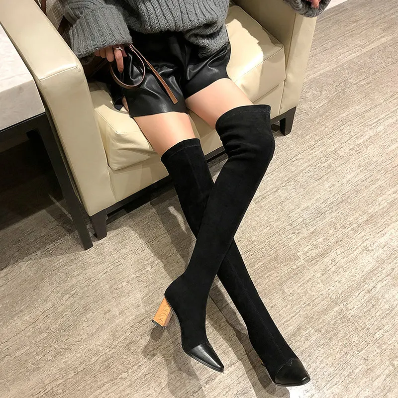 QUTAA/ г. Лоскутные высокие сапоги из флока из коровьей кожи зимние женские сапоги выше колена без застежки на высоком квадратном каблуке размер 34-42