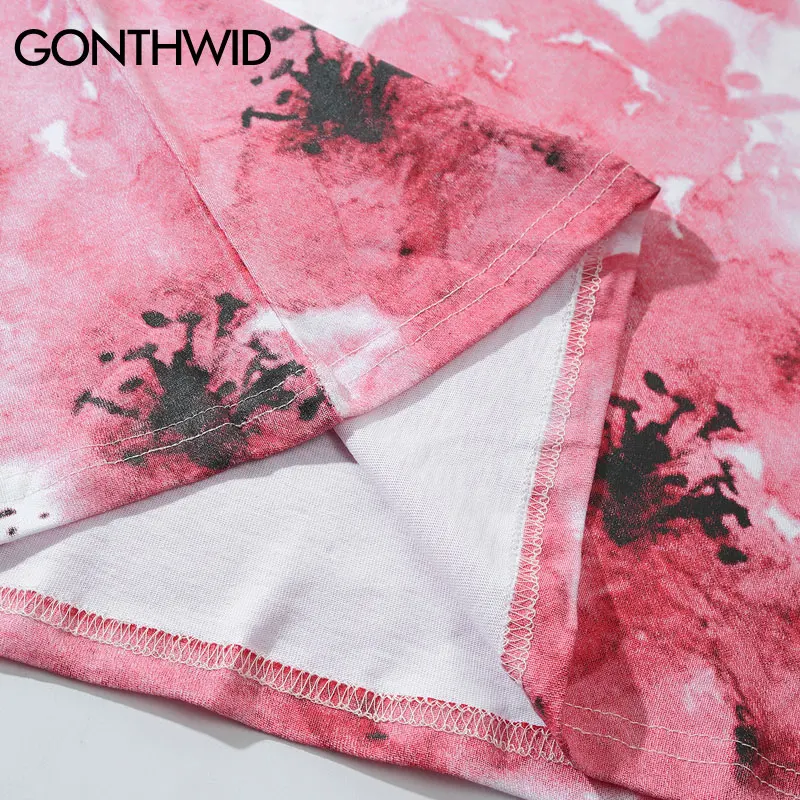 Футболки GONTHWID Cherry Blossom Ink Tie Dye с принтом, уличная Мужская футболка в стиле хип-хоп, повседневные топы с коротким рукавом, футболки Harajuku, футболки