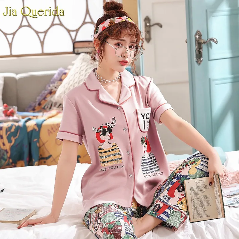 Pajama Sets Women 2019 New Fashion Cotton 100% Loungewear Sleepwear Short Sleeve Long Pants Home Suits Pink Pajamas Woman | Женская