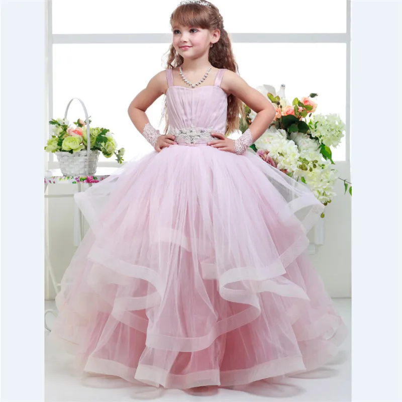 Святой Цветок Девушки Платья 2017 Розовый Цвет Бальное платье Ремни Ruffles Рукавов Из