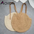 Круглая пляжная сумка из рафии, винтажная плетеная сумочка ручной работы на ремне, круглые плетеные богемные Летние повседневные мешки для отпуска