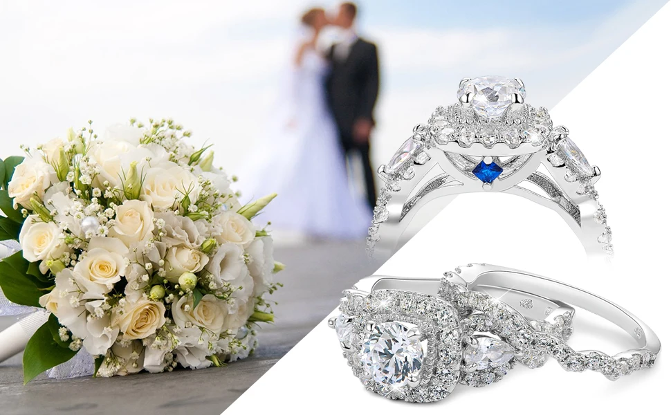 Newshe 2 шт. Halo стерлингового серебра 925 обручальные кольца для женщин 1,5 Ct круглые грушевидные режущие AAA CZ классические ювелирные украшения, обручальное кольцо набор