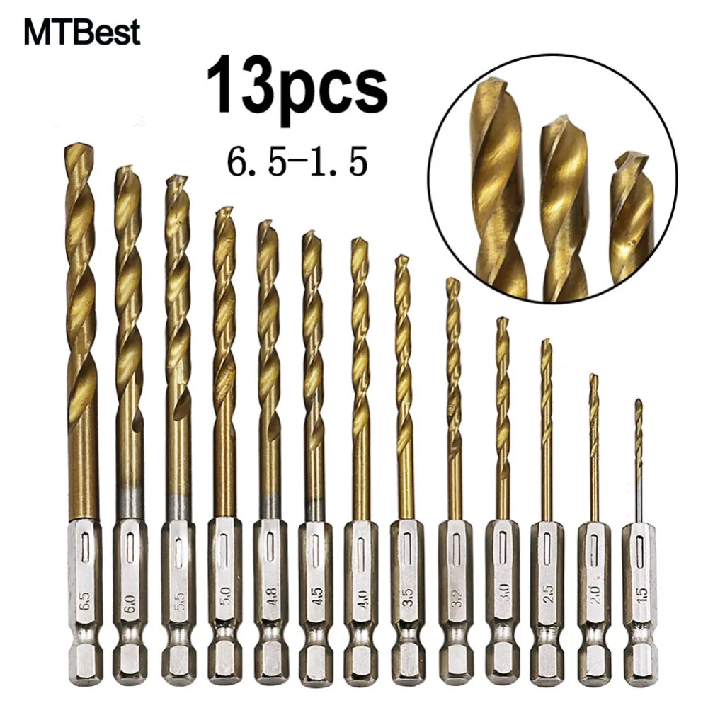 

Сверла MTBest 13 шт./лот 1/4 с шестигранным хвостовиком 1,5-6,5 мм, высокоскоростные сверла из быстрорежущей стали с титановым покрытием, набор аксес...