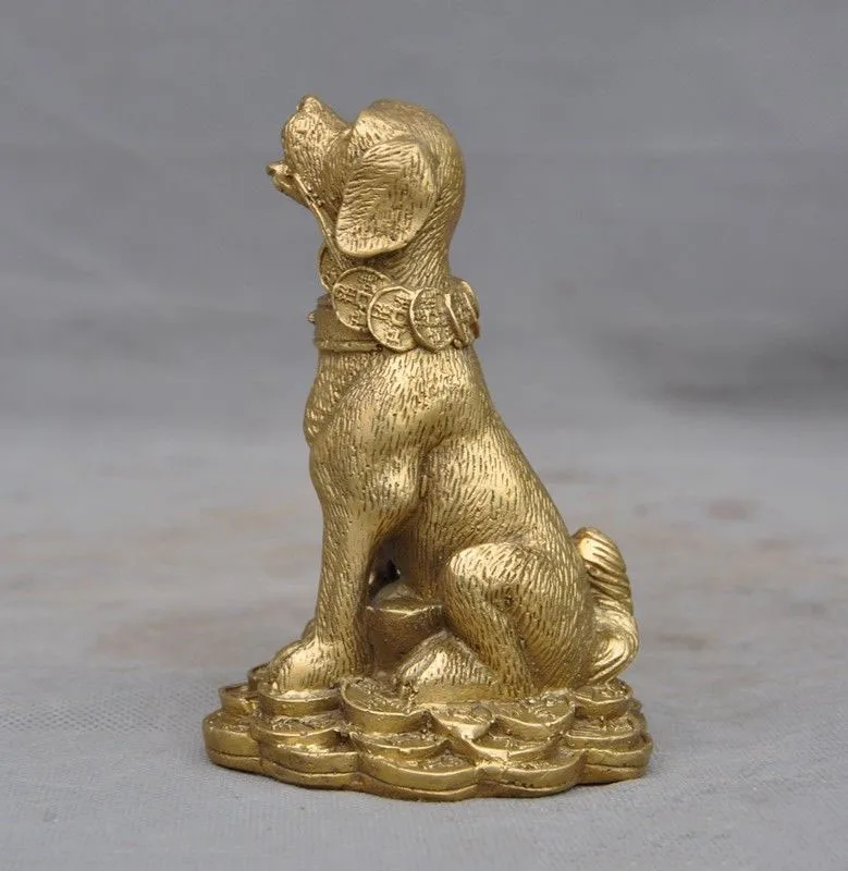

christmas 5" Chinese brass Feng Shui auspicious wealth coin dog Dogs Zodiac animal statue New Year